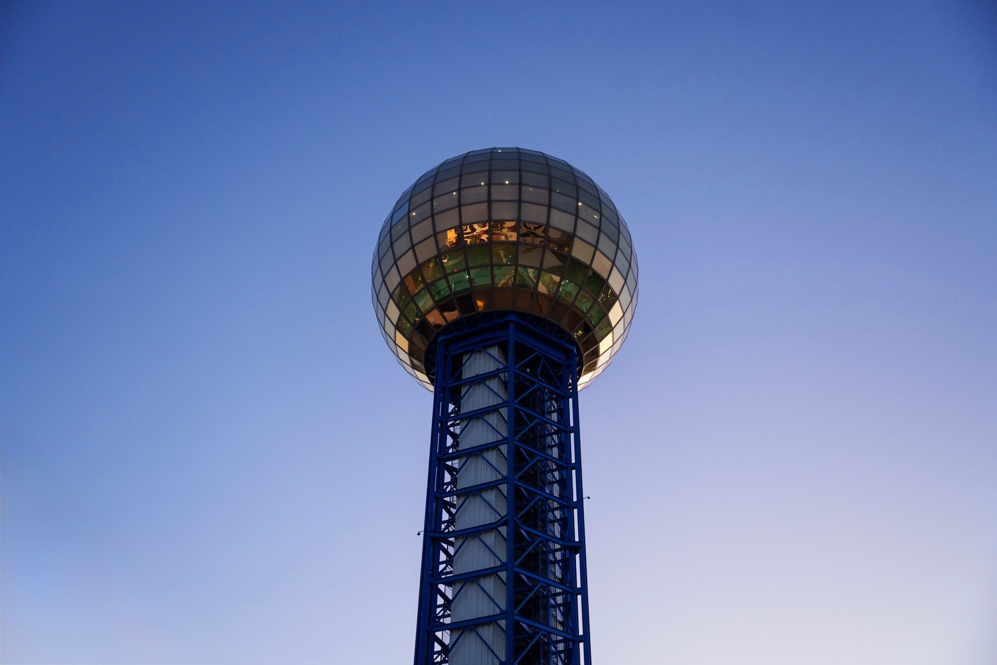 The Sunsphere tower at dusk in downtown Knoxville, Tennessee