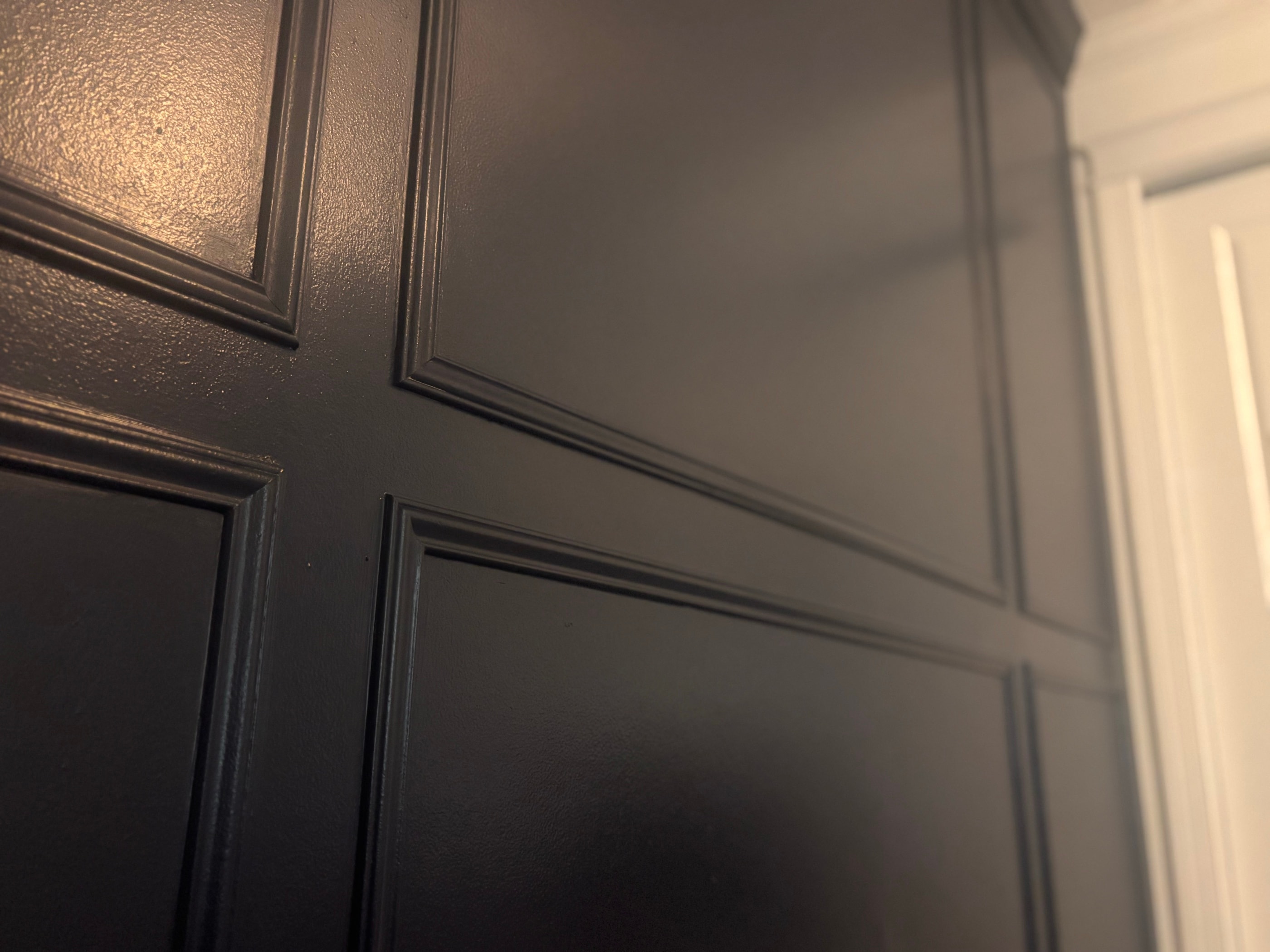 Black-painted picture-frame wall paneling with applied moulding beside a white door casing